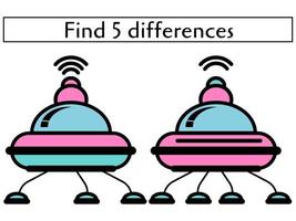 encontre 5 diferenças em naves ufo de desenhos animados, página educacional para crianças em idade pré-escolar vetor