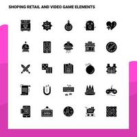 25 conjunto de ícones de elementos de videogame e varejo de compras modelo de ilustração vetorial de ícone de glifo sólido para web e ideias móveis para empresa de negócios vetor