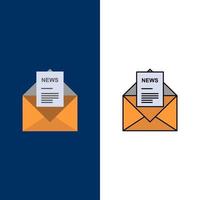 ícones de letras correspondentes de negócios de e-mail de notícias plano e conjunto de ícones cheios de linha vector fundo azul