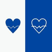 linha de pele de batida de amor de coração e ícone sólido de glifo banner azul linha e ícone sólido de glifo banner azul vetor