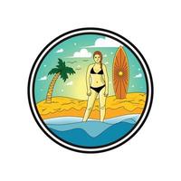 menina de praia de ilustração de férias com design de logotipo de prancha de surf vetor