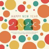 feliz ano novo 2023 pontos alegres lúdicos vermelho, amarelo, verde, vetor de saudação laranja