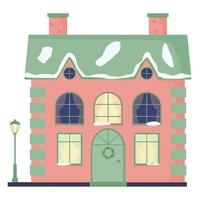 casa de cidade e vila com janelas, telhas, chaminés. lâmpada de rua. uma casa de natal na neve e com uma guirlanda de natal na porta. ilustração em vetor plana de cor, isolada.