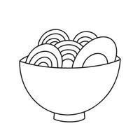 sopa de macarrão ramen com meio ovo em uma tigela. prato tradicional de comida asiática. rabisco de contorno de tinta preta, desenho de contorno. ilustração vetorial isolada no fundo branco vetor