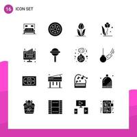 pacote de 16 glifos sólidos criativos de gráfico de flora de computador de torta rosa elementos de design de vetores editáveis