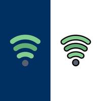 ícones de sinal de serviços wi-fi planos e conjunto de ícones cheios de linha vector fundo azul