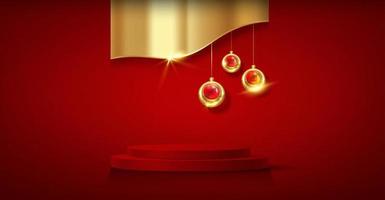 pódio de natal 3d, festa de ano novo, enfeites de ouro com forma cilíndrica de exibição de produto, decoração festiva dourada para os feriados. modelo de luxo, vetor isolado em fundo vermelho