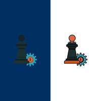 ícones de sucesso de estratégia de negócios de xadrez plano e conjunto de ícones cheios de linha vector fundo azul