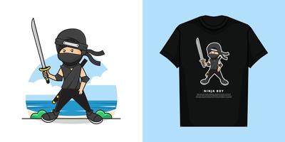 gráfico vetorial de ilustração de meninos ninja está segurando uma espada katana com design de maquete de camiseta vetor