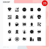 25 interface do usuário pacote de glifos sólidos de sinais modernos e símbolos de emoção bate-papo óculos lentes de texto elementos de design vetorial editáveis vetor