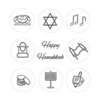 conjunto de ícones de Hanukkah, candelabro de Hanukkiah, rosquinhas sufganiyot, música, moedas, pião pião, rabino, estrela de David, torá, feliz Hanukkah em inglês. símbolos brancos com contorno preto vetor