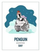 dia da consciência do pinguim, pintinhos de pinguim-imperador de desenho animado engraçado, menino, menina, em chapéus de malha, sorriso na neve, abraçando no campo ártico na queda de neve, para dia dos namorados, dia do abraço, saudações, artigos de papelaria, cartaz vetor