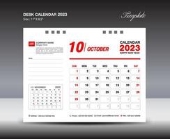 modelo de outubro de 2023 - calendário de mesa modelo de 2023 anos, calendário de parede 2023 anos, semana começa domingo, design de planejador, design de papelaria, design de folheto, mídia de impressão, design de conceito vermelho vetor