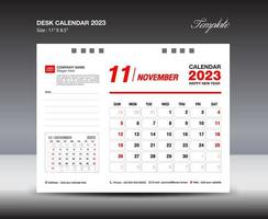 modelo de novembro de 2023 - calendário de mesa modelo de 2023 anos, calendário de parede 2023 anos, semana começa domingo, design de planejador, design de papelaria, design de folheto, mídia de impressão, design de conceito vermelho vetor