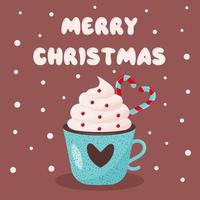 caneca de café com enfeite de coração, chantilly e bastões de doces em forma de coração. cartão de saudação de natal. texto de feliz natal. vetor