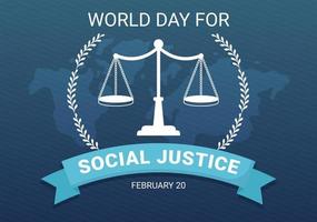 dia mundial da justiça social em 20 de fevereiro com escalas ou martelo para um relacionamento justo na ilustração de modelos desenhados à mão de desenhos animados planos vetor