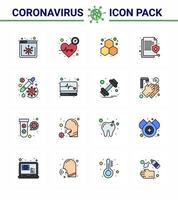 conjunto de ícones de prevenção de coronavírus 16 ícone de linha cheia de cor plana, como droga, seguro de química médica, saúde, vírus viral, elementos de design de vetor de doença de 2019nov