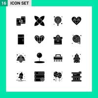 pacote de glifos sólidos de 16 símbolos universais de pesquisa favorita de aparelhos amor emoji elementos de design de vetores editáveis