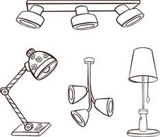 conjunto de símbolo do logotipo de lâmpadas, lâmpadas, lustres ilustrações desenhadas à mão vetor