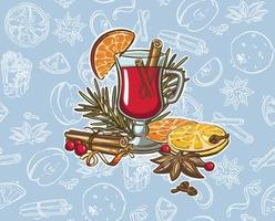 vinho quente de natal em aquarela. copo de vinho pintado à mão, canela, pão de gengibre e ramo de abeto isolado no fundo branco. ilustração de inverno para design, impressão, tecido. vetor