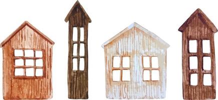 conjunto de casas de madeira em aquarela - castiçais. decoração de casa para ilustrações isoladas desenhadas à mão de natal aconchegante vetor