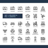 entrega e pacote logístico comércio transporte conjunto de ícones de contorno detalhado. ilustração vetorial simples vetor