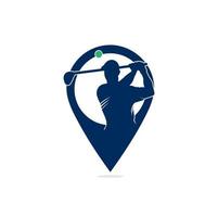 projeto do logotipo do vetor do conceito da forma do pino do mapa do clube de golfe. jogador de golfe atinge design de logotipo de inspiração de bola.
