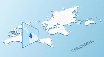 mapa-múndi em estilo isométrico com mapa detalhado da Colômbia. mapa da colômbia azul claro com mapa-múndi abstrato. vetor