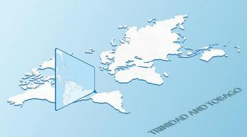 mapa-múndi em estilo isométrico com mapa detalhado de trinidad e tobago. mapa azul claro de trinidad e tobago com mapa-múndi abstrato. vetor