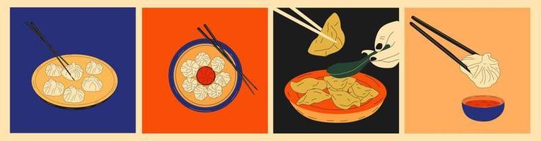 conjunto de quatro desenhos de rabiscos de dim sum. bolinhos chineses tradicionais. ilustração do vetor de comida asiática kawaii.