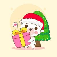 urso polar bonito desenhado à mão usa chapéu de papai noel com caixa de presente desenho animado da temporada de natal. personagem animal kawaii. cartão de cumprimentos de feliz natal vetor