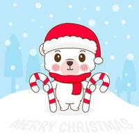 urso polar bonito desenhado à mão usa chapéu de papai noel com desenhos animados da temporada de natal de cana-de-açúcar. personagem animal kawaii. cartão de cumprimentos de feliz natal vetor