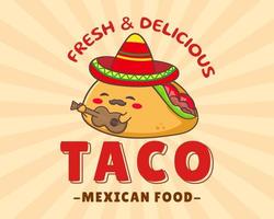 taco com carne e legumes, guitarra e sombrero. tradicional fast-food mexicano latino-americano. conceito de comida de etiqueta de ícone de logotipo de tacos. estilo de desenho animado plano retrô vintage. cinco de maio vetor