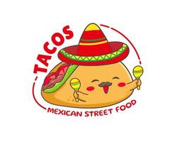 taco com carne e vegetais, maracas e sombrero. tradicional fast-food mexicano latino-americano. conceito de comida de etiqueta de ícone de logotipo de tacos. estilo de desenho animado plano retrô vintage. cinco de maio vetor