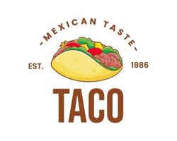 taco com carne e vegetais. tradicional fast-food mexicano latino-americano. conceito de comida de etiqueta de ícone de logotipo de tacos. estilo de desenho animado plano retrô vintage. vetor