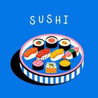 comida tradicional de sushi asiático. sashimi, rolos, em um prato. vetor