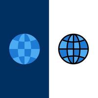 ícones de design de internet do globo mundial plano e conjunto de ícones cheios de linha vector fundo azul