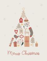 cartão de feliz natal hygge, árvore de natal, coisas de inverno vetor