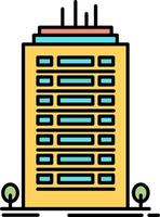 modelo de banner de ícone de vetor de ícone de cor plana de torre de arranha-céu de escritório de construção