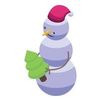 boneco de neve com vetor isométrico do ícone de árvore do abeto. homem de inverno