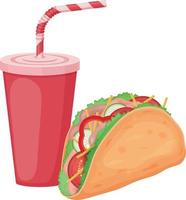 tacos e refrigerantes. comida rápida. um prato da culinária mexicana e uma bebida carbonatada doce. ilustração vetorial isolada em um fundo branco vetor