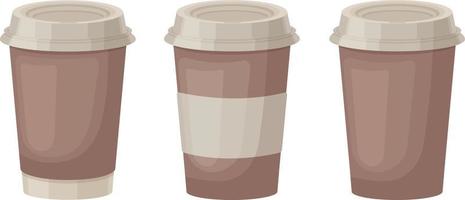 xícaras de café com tampa. copos de papel descartáveis para bebidas. copos de plástico para levar bebidas quentes. ilustração vetorial isolada em um fundo branco vetor