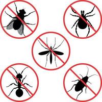 uma coleção de sinais de proibição. pare a mosca, barata, carrapato, pare a formiga, pare o mosquito. sinal de alerta riscado sobre parasitas de insetos. ilustração vetorial vetor