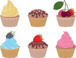 bolos. um conjunto de diferentes bolos de forma triangular. bolos decorados com vários cremes e frutas. uma coleção de sobremesas doces. ilustração vetorial vetor