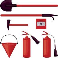 equipamento de incêndio. acessórios para extinção de incêndios, como extintores, pás de incêndio, machados, baldes e botão de alarme de incêndio. vetor