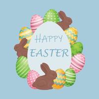 Feliz Páscoa. cartão com uma imagem de um coelhinho da Páscoa e ovos de Páscoa coloridos sobre um fundo azul. ilustração vetorial vetor