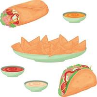 comida mexicana. um conjunto de pratos mexicanos, como tacos, burritos, nachos e molhos, queijo, tomate e creme. ilustração vetorial vetor