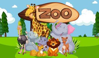 grupo de animais com placa do zoológico vetor