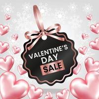 etiqueta de preço de venda do dia dos namorados com fita rosa com coração 3d em fundo branco vetor