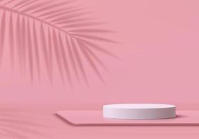 fundo de quarto rosa 3d abstrato com pódio de pedestal de cilindro branco realista, sobreposição de sombra de folha de palmeira. cena de parede mínima para exibição de produto de maquete. desenho de formas geométricas. vitrine de palco de verão. vetor
